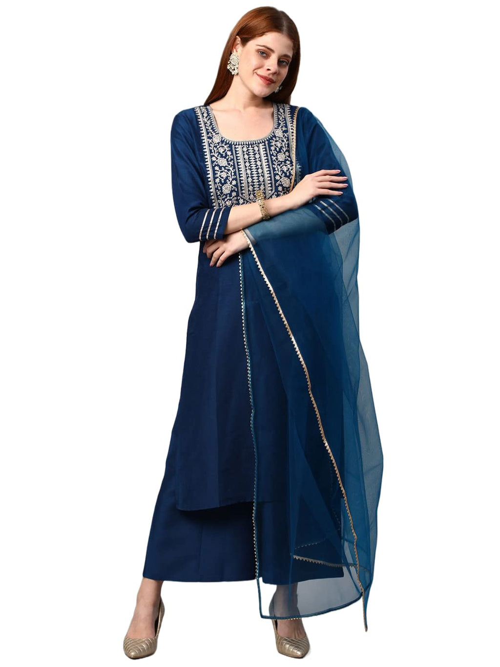 ANNI DESIGNER Womens Cotton Blend Solid Straight Kurta with Palazzos & Dupatta (DHARAN-Cerosin_M_Dark Blue_Medium)