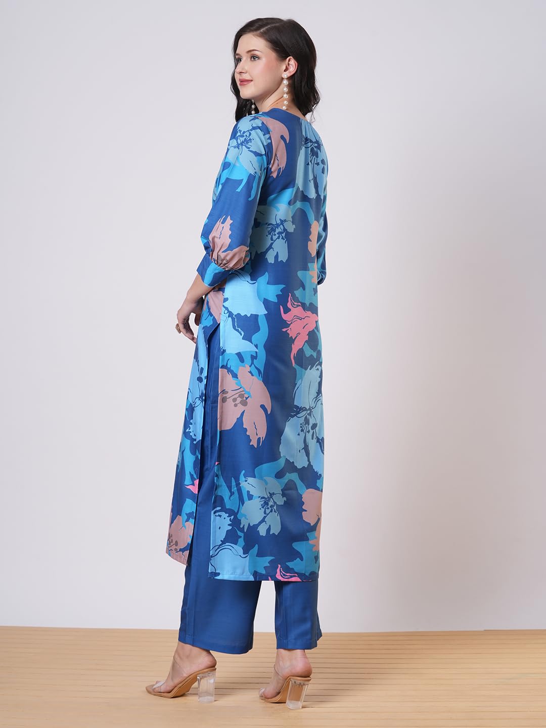 ANNI DESIGNER Women s Straight Printed Viscose Kurta with Trousers, dark blue, L