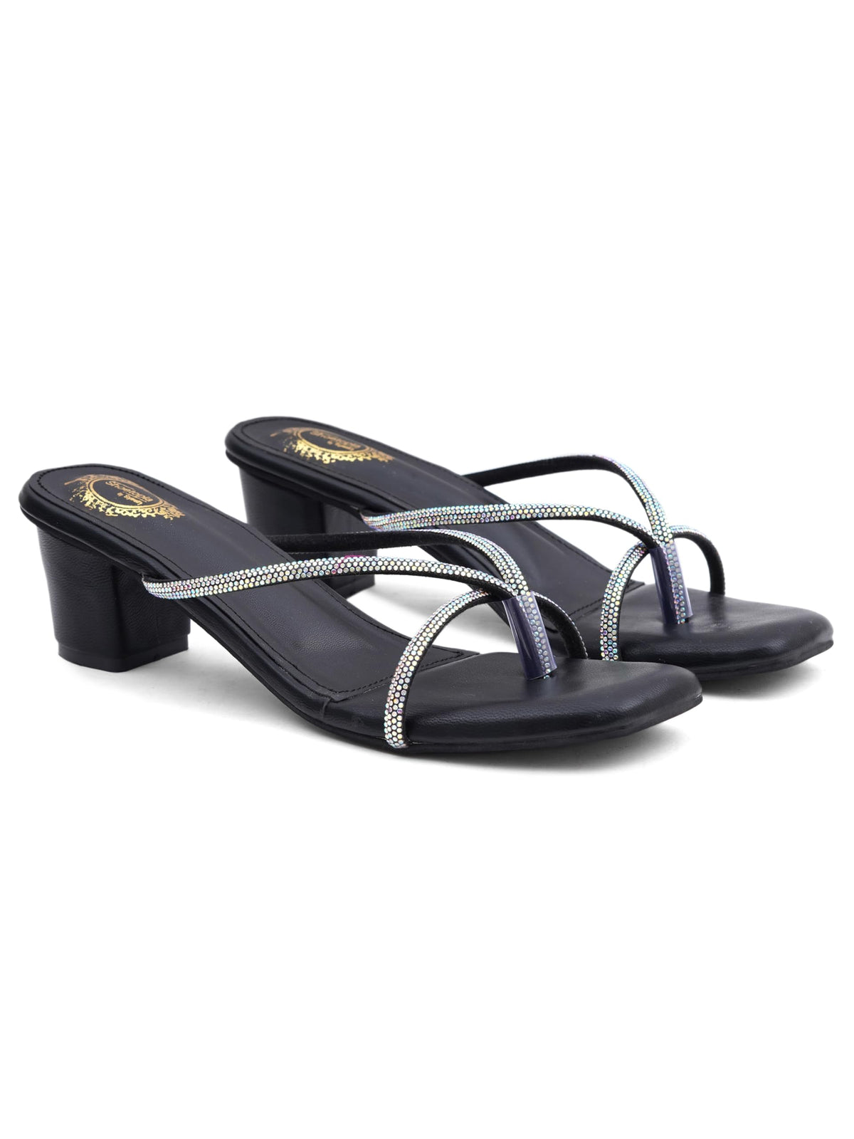 Shoetopia Womens Heeled Black Sandals with Rhinestone Straps  Elegant SlipOn Block Heel Party & Casual Footwear EU36 3
