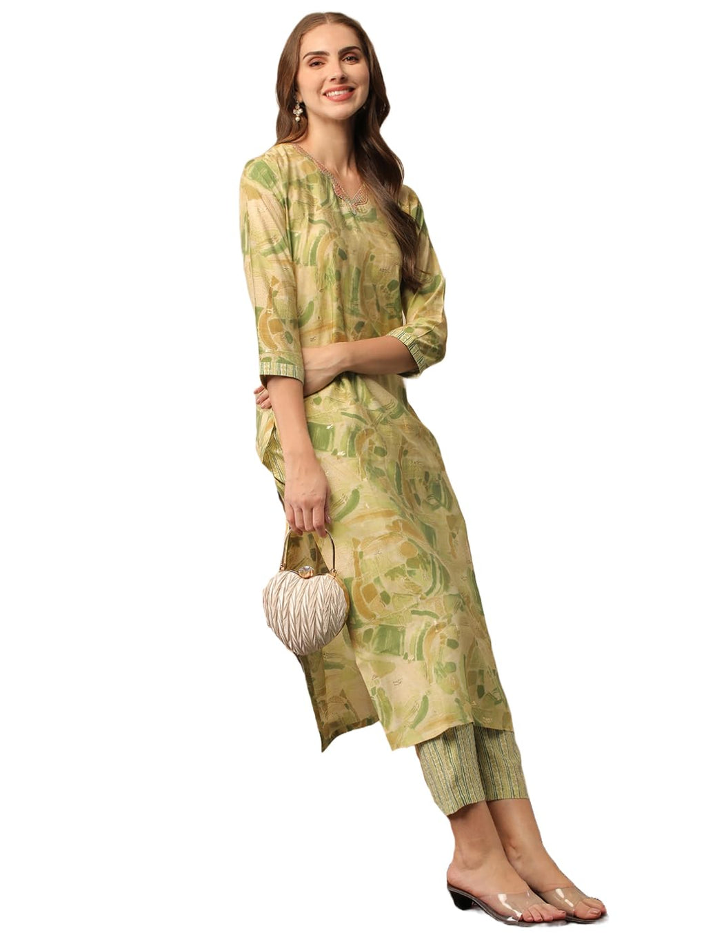 ANNI DESIGNER Ladies Cotton Blend Kurta with Trousers, green, M