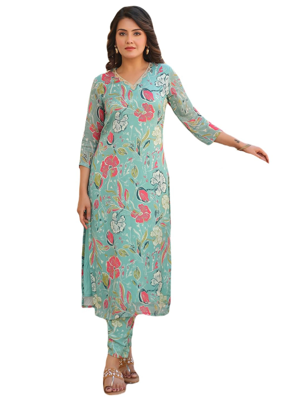 ANNI DESIGNER Womens Rayon Blend Straight Fit Printed Kurta with Pant (Vitudi Green_XL_Green_X-Large)