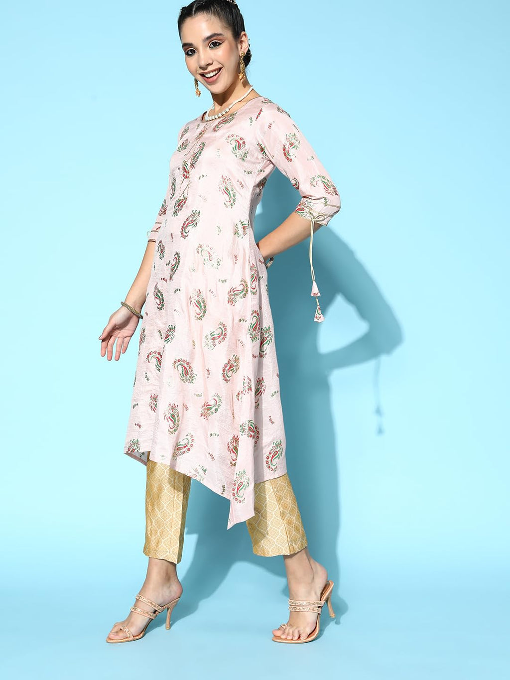 Libas Pink Printed Silk A-Line Kurta