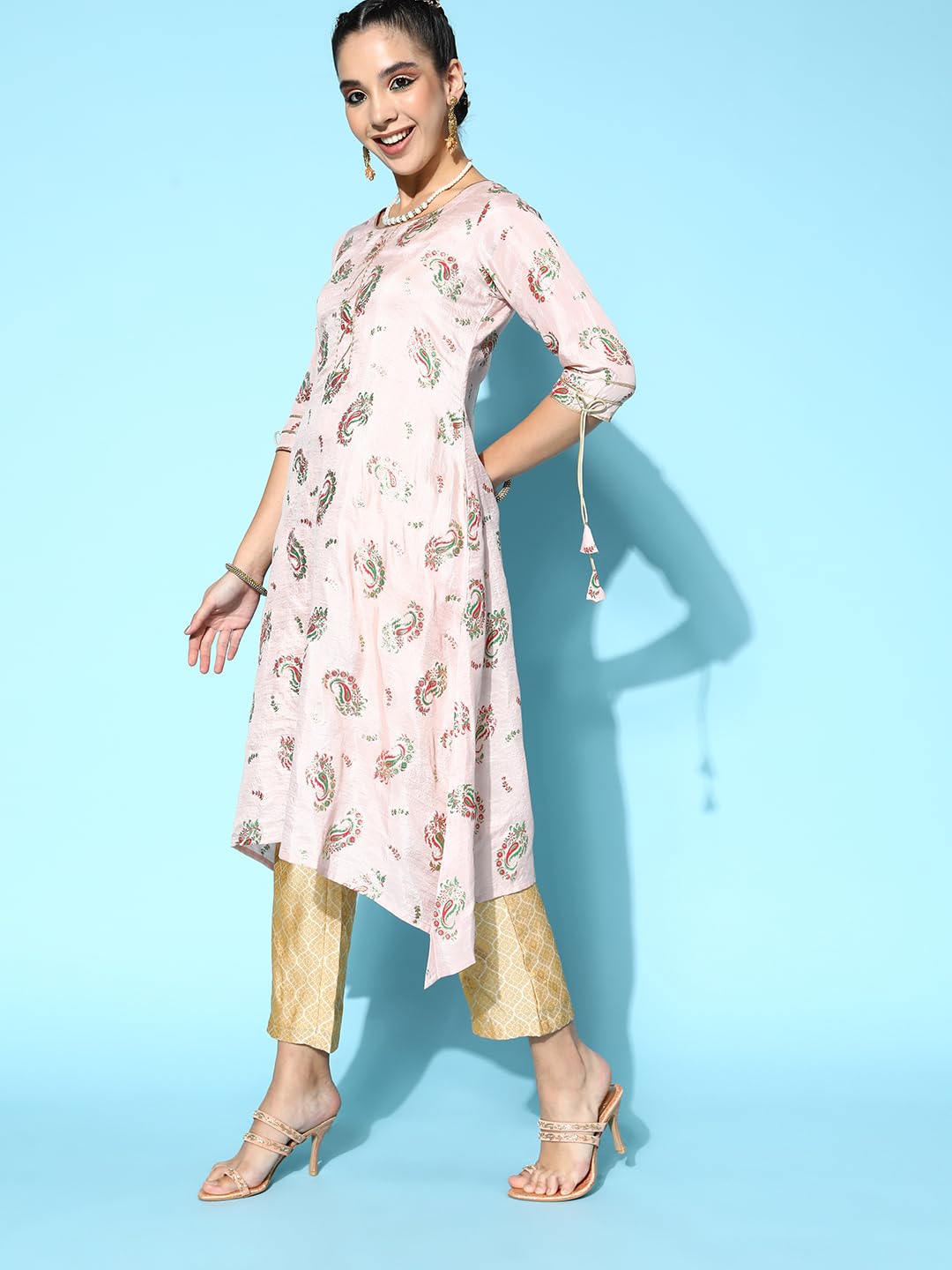 Libas Pink Printed Silk A-Line Kurta