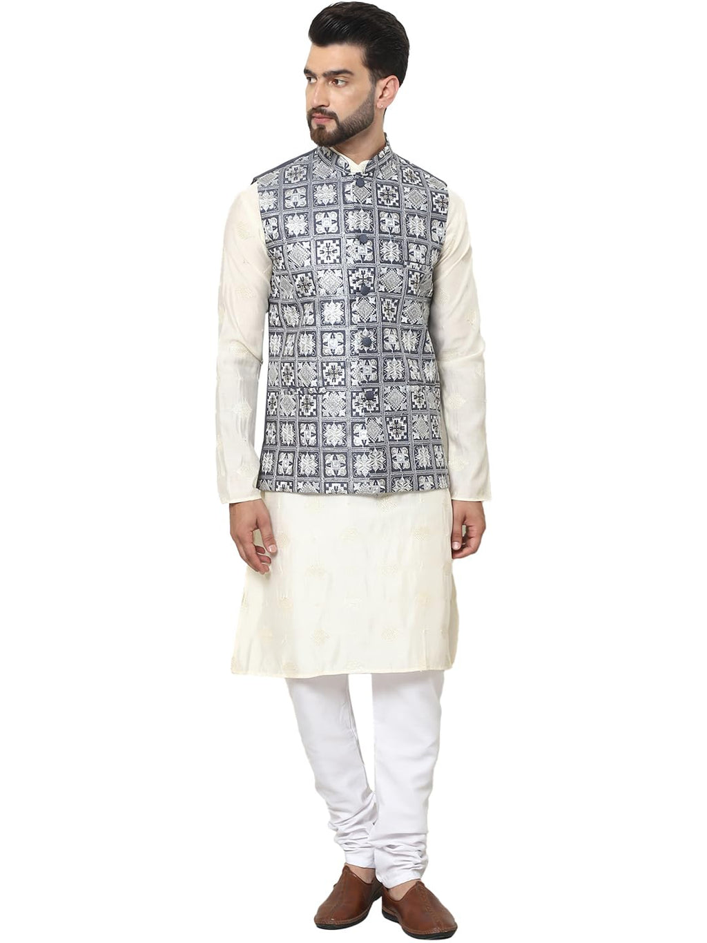 SOJANYA (Since 1958 Mens Cotton Silk Embroidered Cream Kurta and White Pyjama with Grey Nehru Jacket