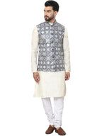 SOJANYA (Since 1958 Mens Cotton Silk Embroidered Cream Kurta and White Pyjama with Grey Nehru Jacket