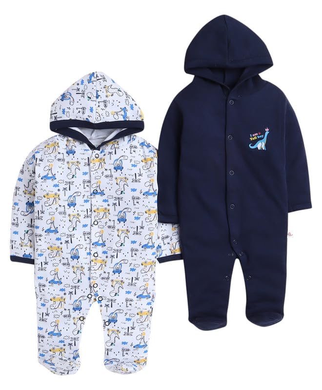 Bumzee Navy & White Baby Boys Full Sleeves Sleepsuit With Hood Pack Of 2 Age - 6-9 Months (Peb8834D-Nbl.Wht)