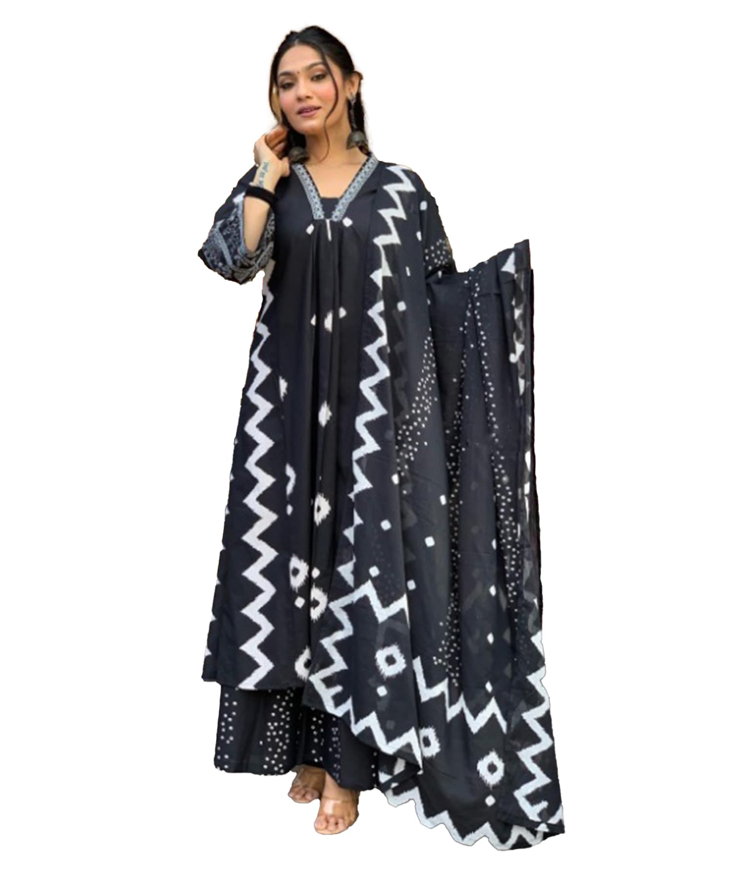 Lookmark WomenS Cotton Blend Zigzag And Dotted Print Kurta Plazzo Set With Dupatta Suitable For Every Indian Occasion (Az-Lm-Og