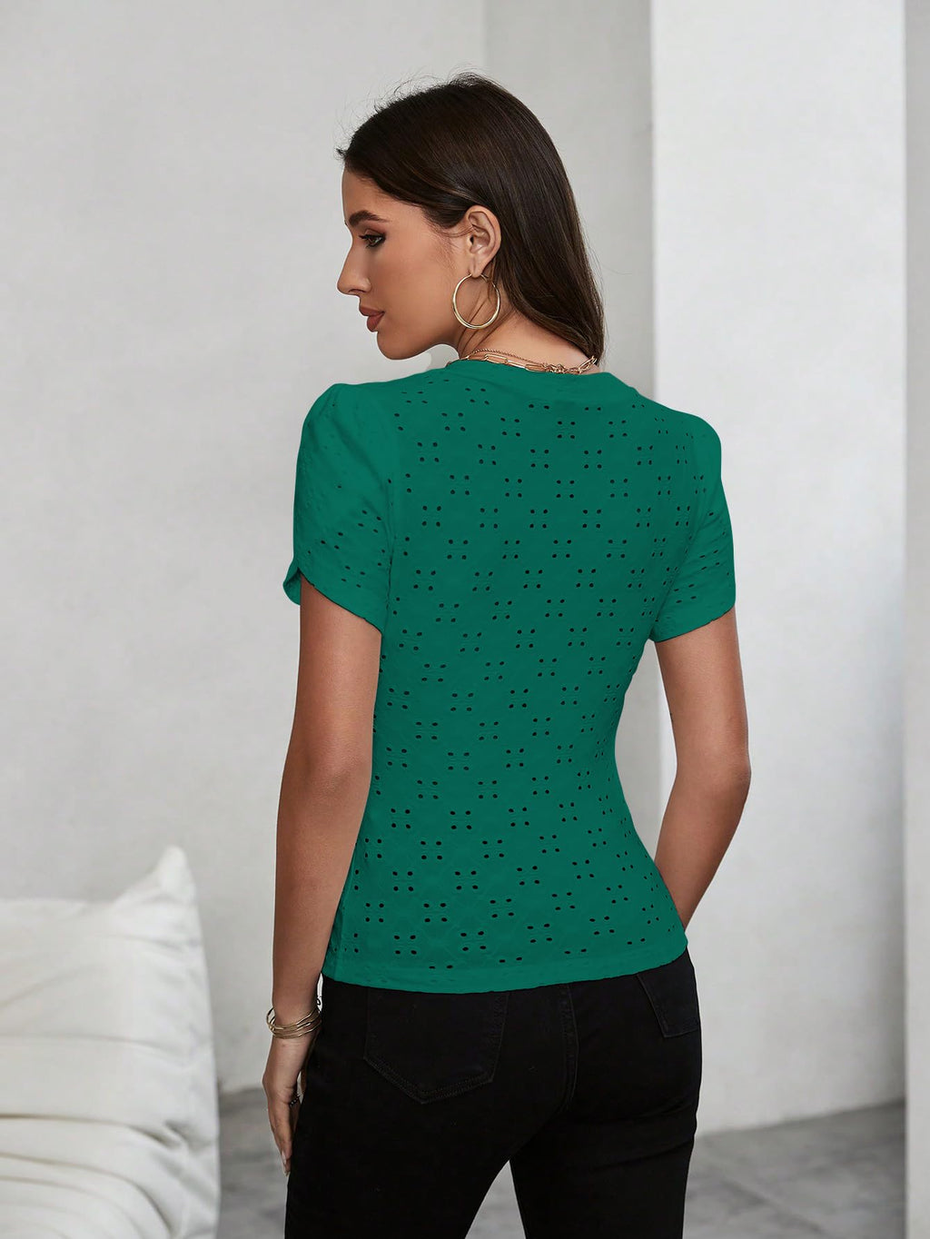 Sugathari Girls & Womens Green Eyelet Embroidery Knitted V Neck Casual Slim Fit Women T-Shirt, Short Sleeve Schiffli Crop Top,