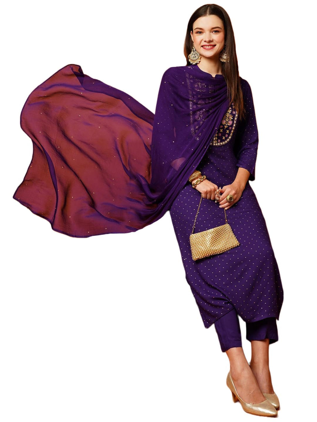 ANNI DESIGNER Womens Cotton Blend Straight Printed Kurta with Pant & Dupatta (RAJI-BEGANI-NW_S_Violet_Small)