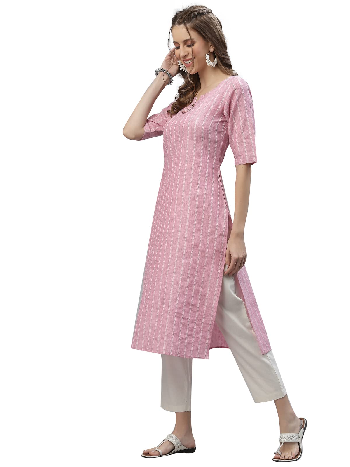Stylum Womens Cotton Blend Straight Fit Self Woven Striped Straight Kurta