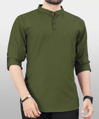 Deemoon MenS Cotton Blend Kurta With Solid Regular Fit Mandarin Collared Neck Full Sleeve And Waist Length | Kurtas For Men | M