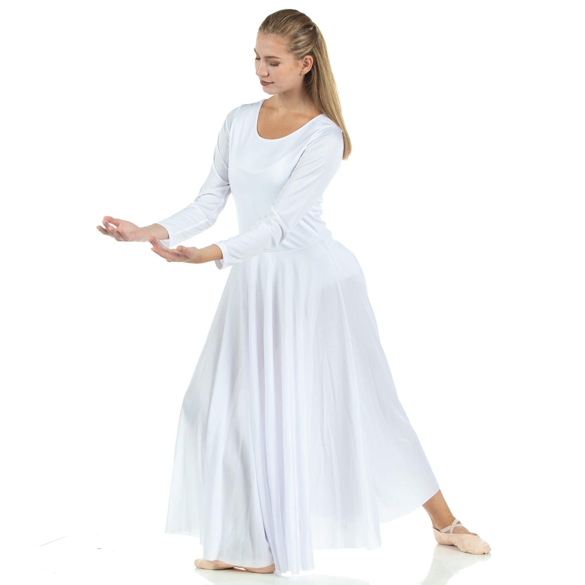 Danzcue Womens Praise Loose Fit Full Length Long Sleeve Dance Dress, White, Medium