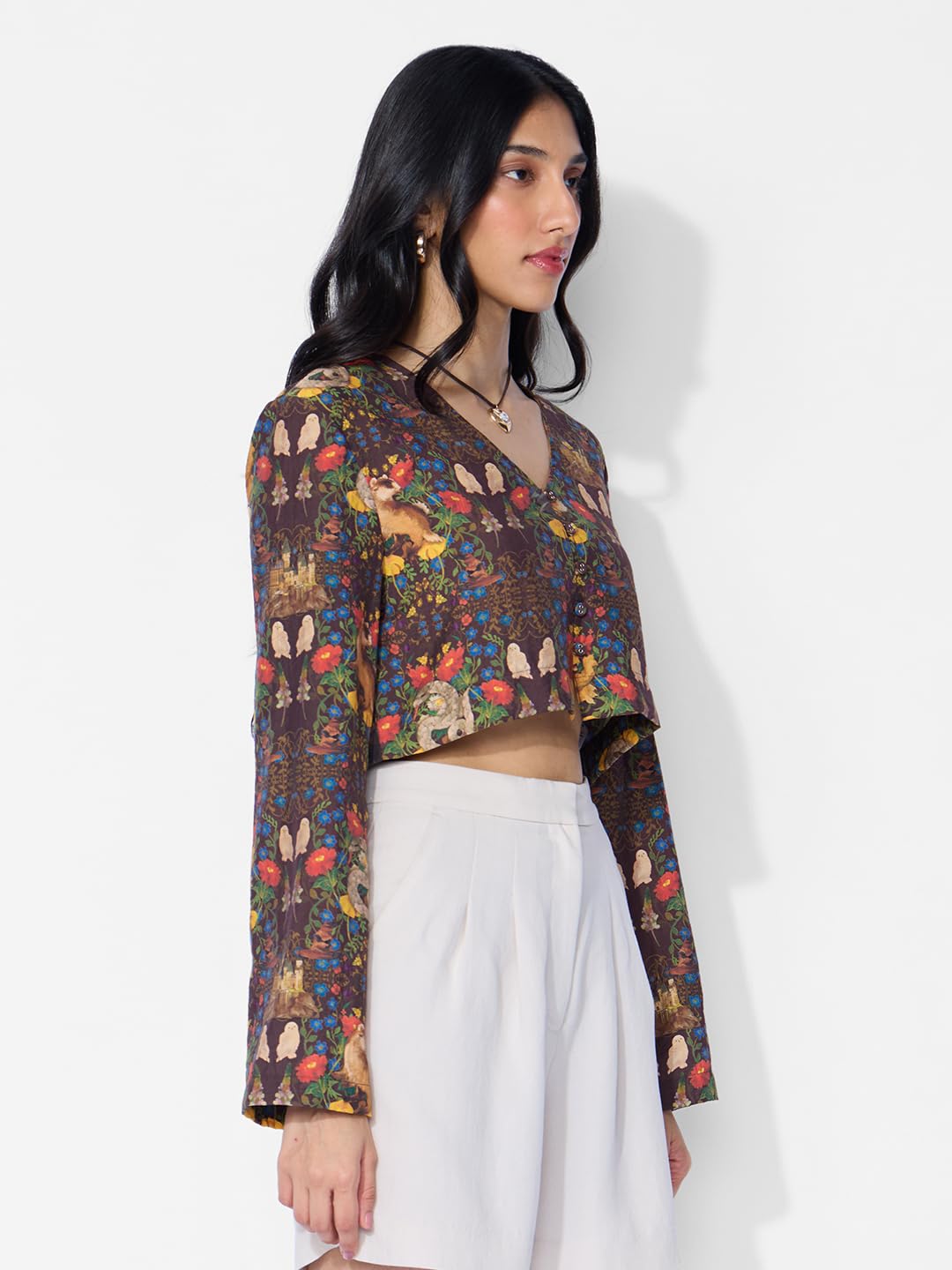 The Souled Store Harry Potter: Foliage Women and Girls Long Sleeves V Neck Button Front Brown All Over Printed Viscose Blend Cro