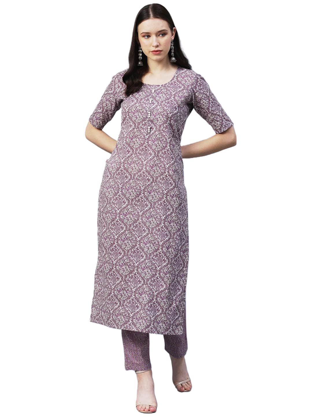 ANNI DESIGNER Womens Cotton Blend Printed Straight Kurta with Pant (BATAKLI-Purple_XL_Purple_X-Large)