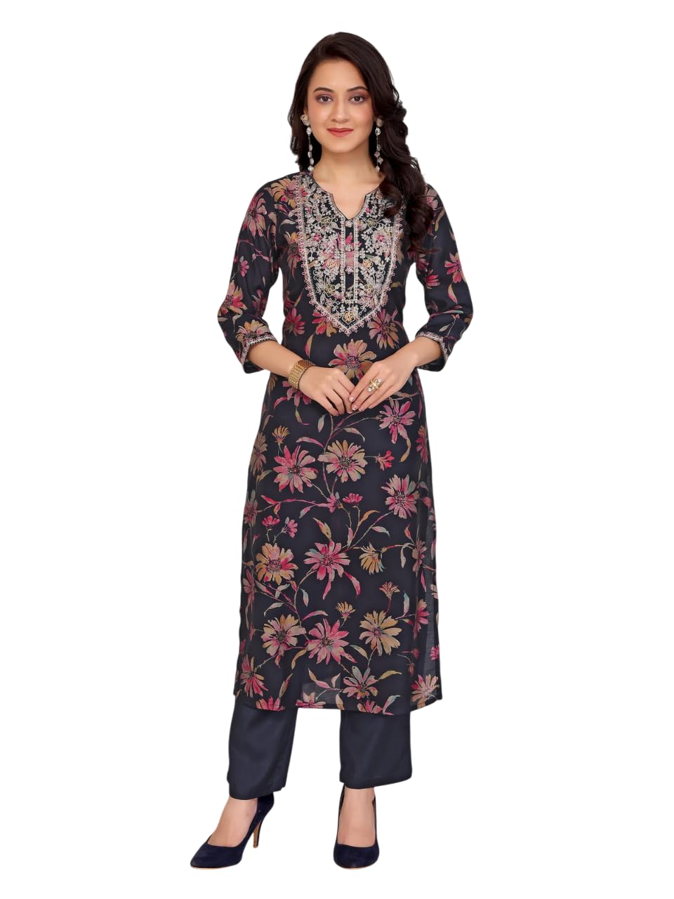 Rangita Navy Blue Viscose Embroidered Straight Calf Length Kurta With Pant | Kurta Set For Women_L