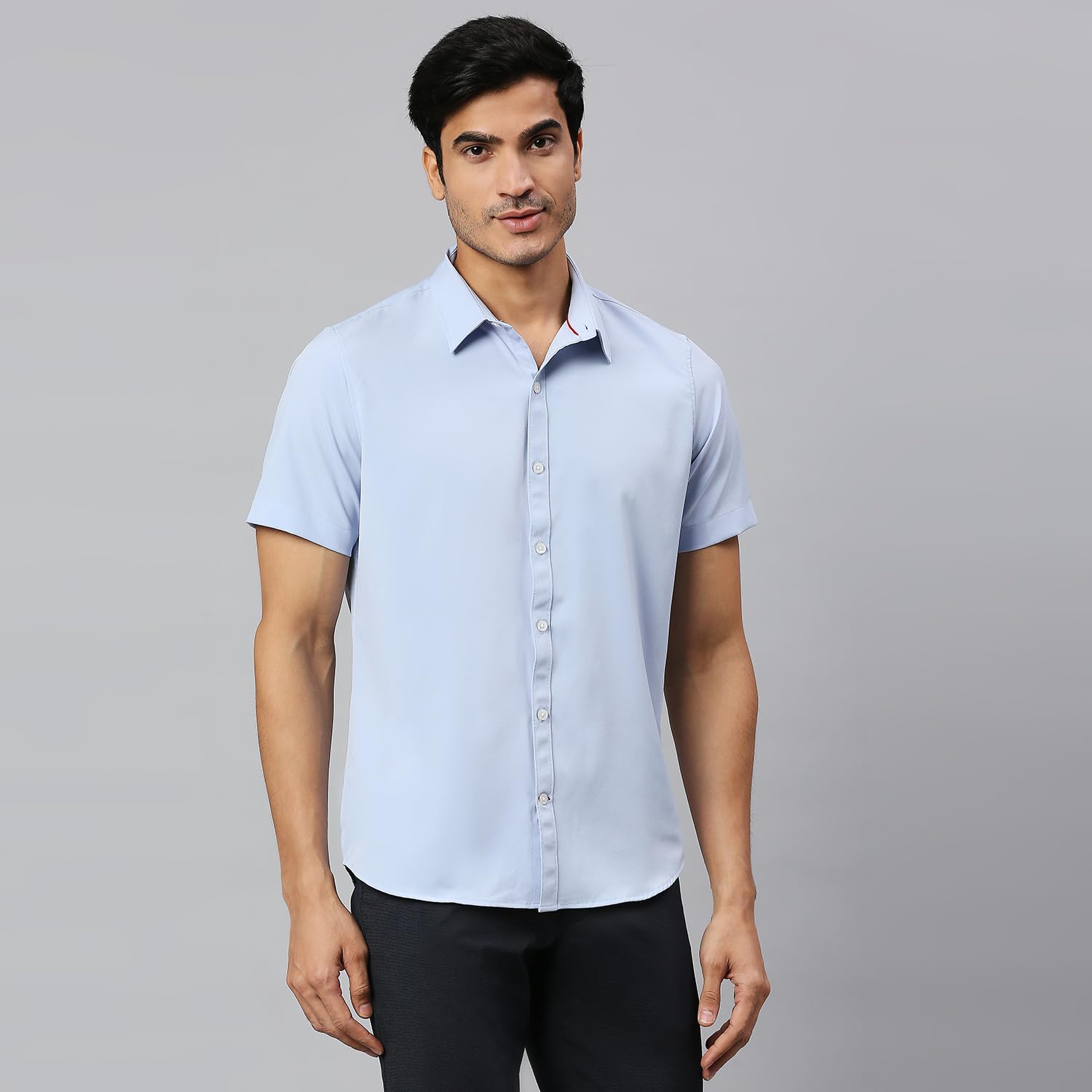 Thomas Scott Mens | Half Sleeve | Solid Plain Color | Regular Fit | Polyester Blend | Spread Collar | Casual | Shirts (Sky Blue_