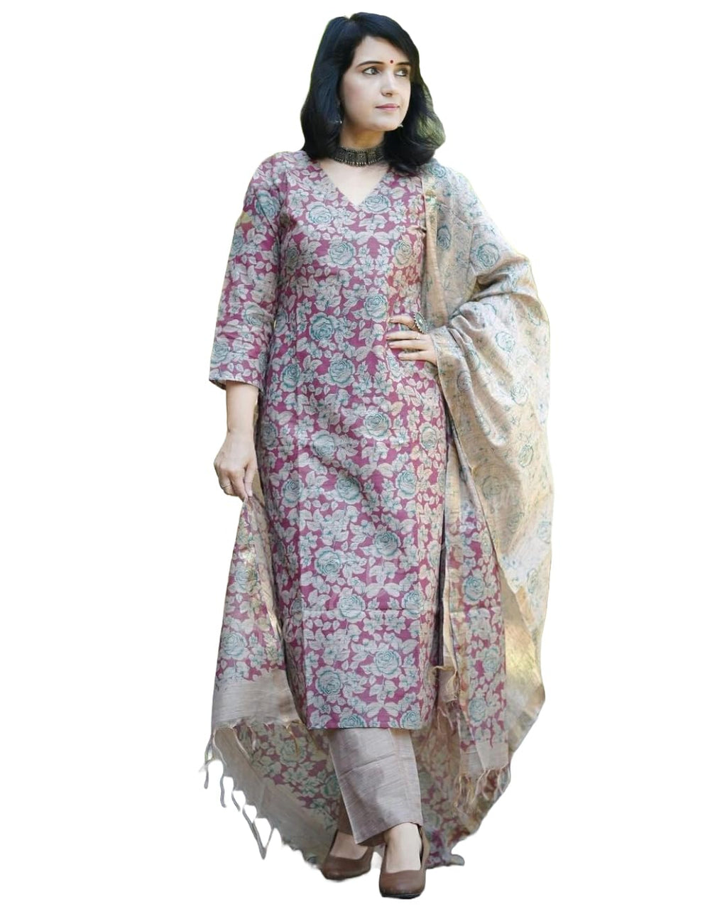 ANNI DESIGNER Womens Cotton Blend Printed Straight Kurta with Pant & Dupatta (Moringa Pink-JM_M_Pink_Medium)