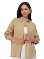 The Souled Store Cotton Linen Shirt: Almondine Women and Girls Long Sleeves Collared Neck Button Front Solid Cotton Linen Boyfri