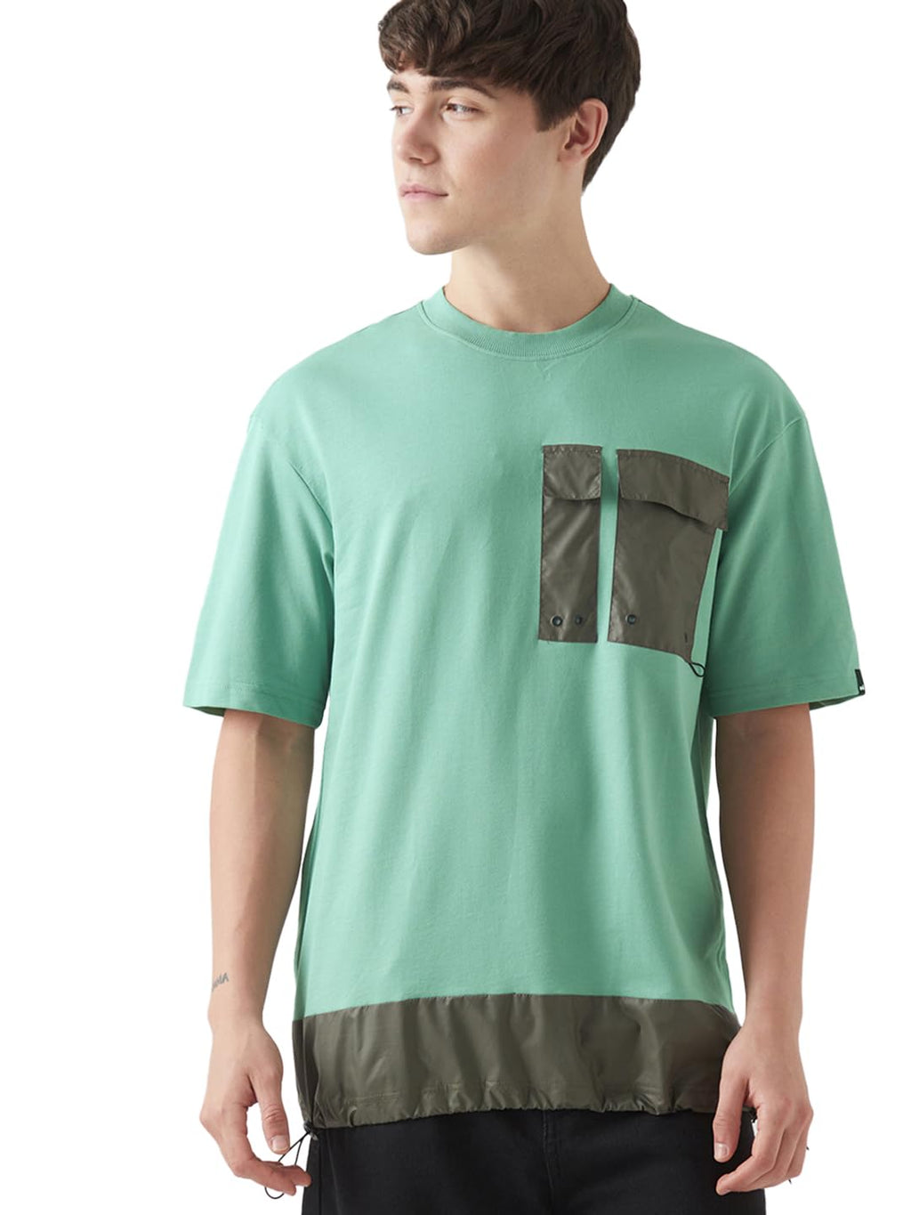 Bewakoof Heavy Duty 1.0 MenS Color Block Oversized Fit Half Sleeve Round Neck Terry T-Shirt_642520_Green_S