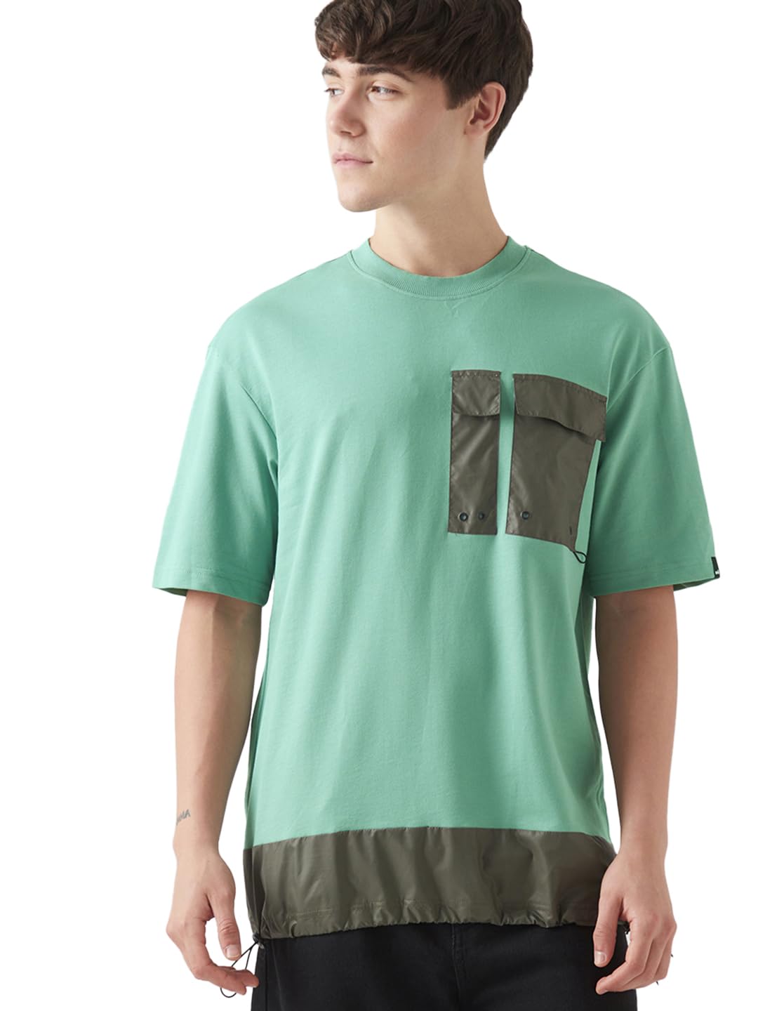 Bewakoof Heavy Duty 1.0 MenS Color Block Oversized Fit Half Sleeve Round Neck Terry T-Shirt_642520_Green_S