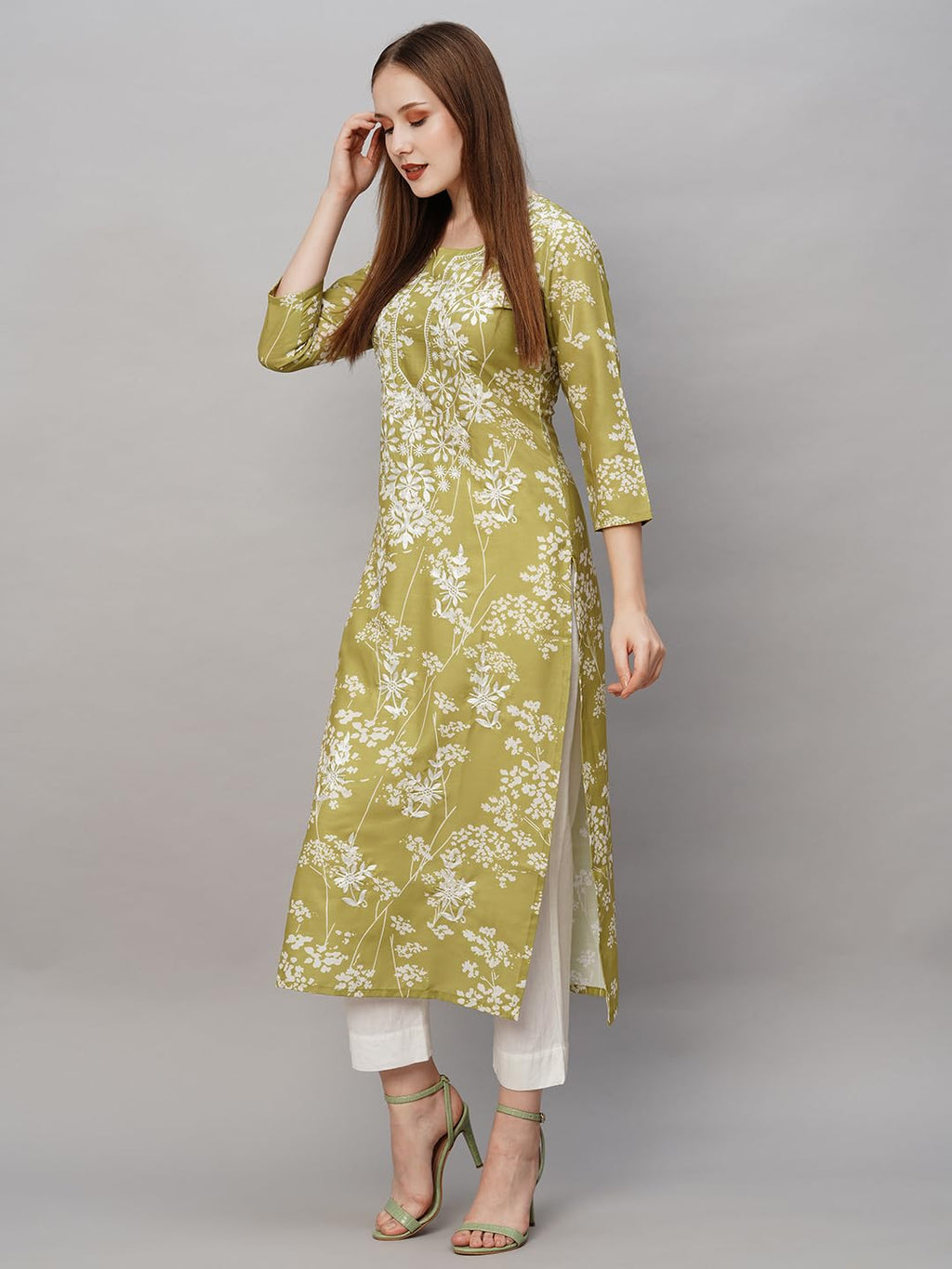 ANNI DESIGNER Womens Cotton Blend Chikankari EmbroideGreen Straight Kurta (Rutika-Mehandi_3XL_Green_XXX-Large)