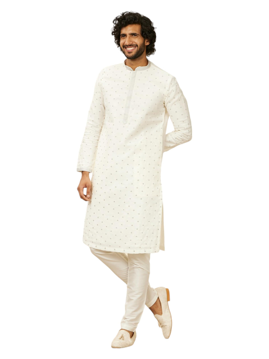 Manyavar Warm White Art Silk Digital Printed Kurta Pyjama Set For Men