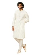 Manyavar Warm White Art Silk Digital Printed Kurta Pyjama Set For Men