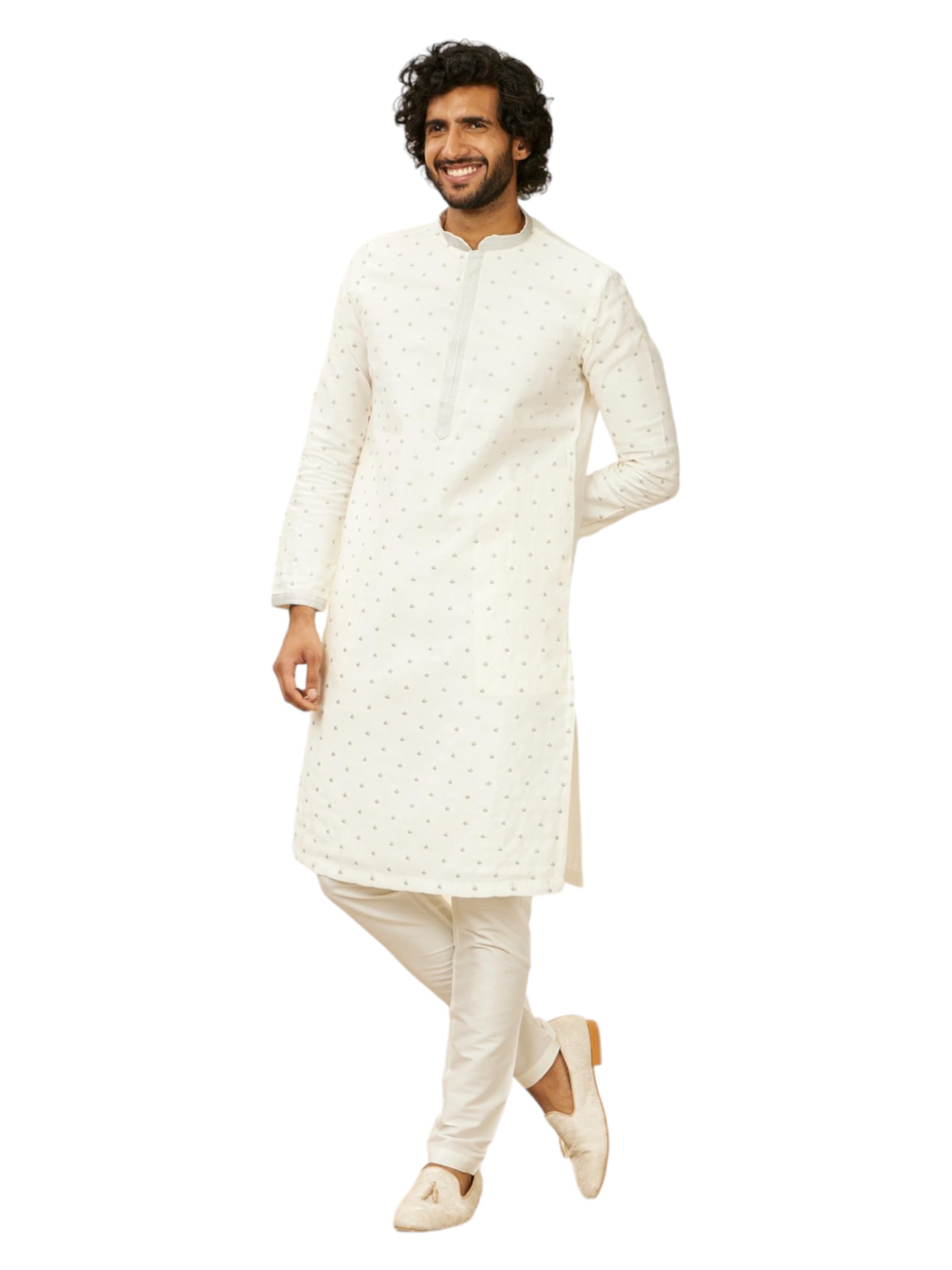 Manyavar Warm White Art Silk Digital Printed Kurta Pyjama Set For Men