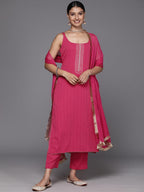 Varanga Women Pink Round Neck, Spaghetti Strap Style Straight Kurta Paired With Tonal Bottom And Dupatta  Stylish & Comfortable