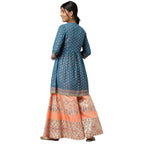 Aurelia Women Peach Crop Top With Blue Flared Gilet And Peach Palazzo