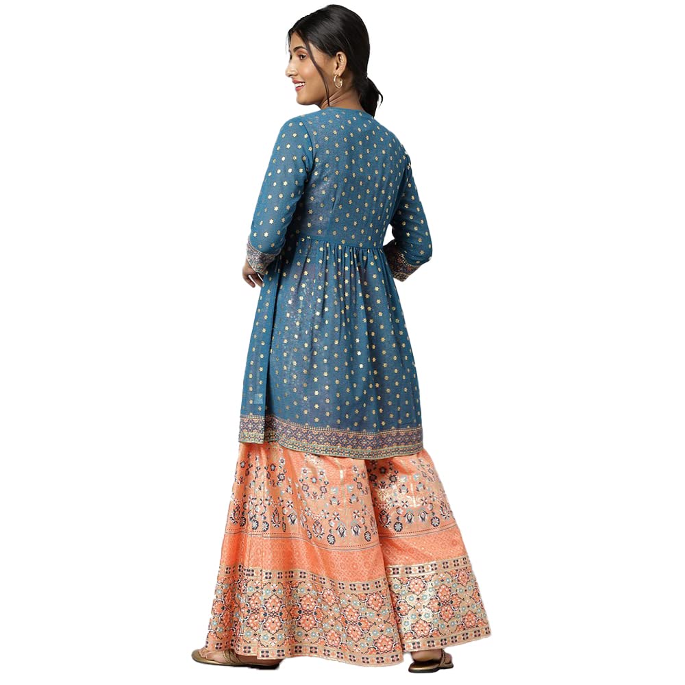 Aurelia Women Peach Crop Top With Blue Flared Gilet And Peach Palazzo