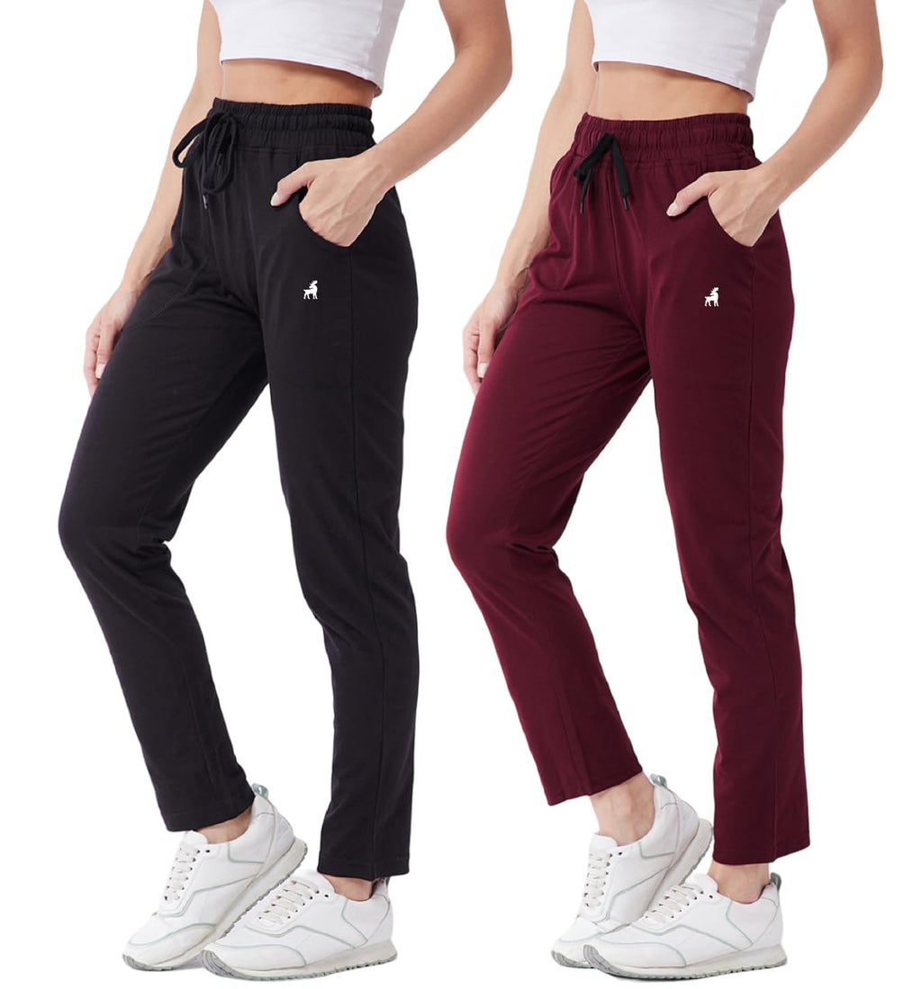 Modeve  Women Cotton Blend Pack of 2 Track Pant for Summer || Women Lower || Women Pyjama || Lounge Pants_Black and Wine_XX-Larg