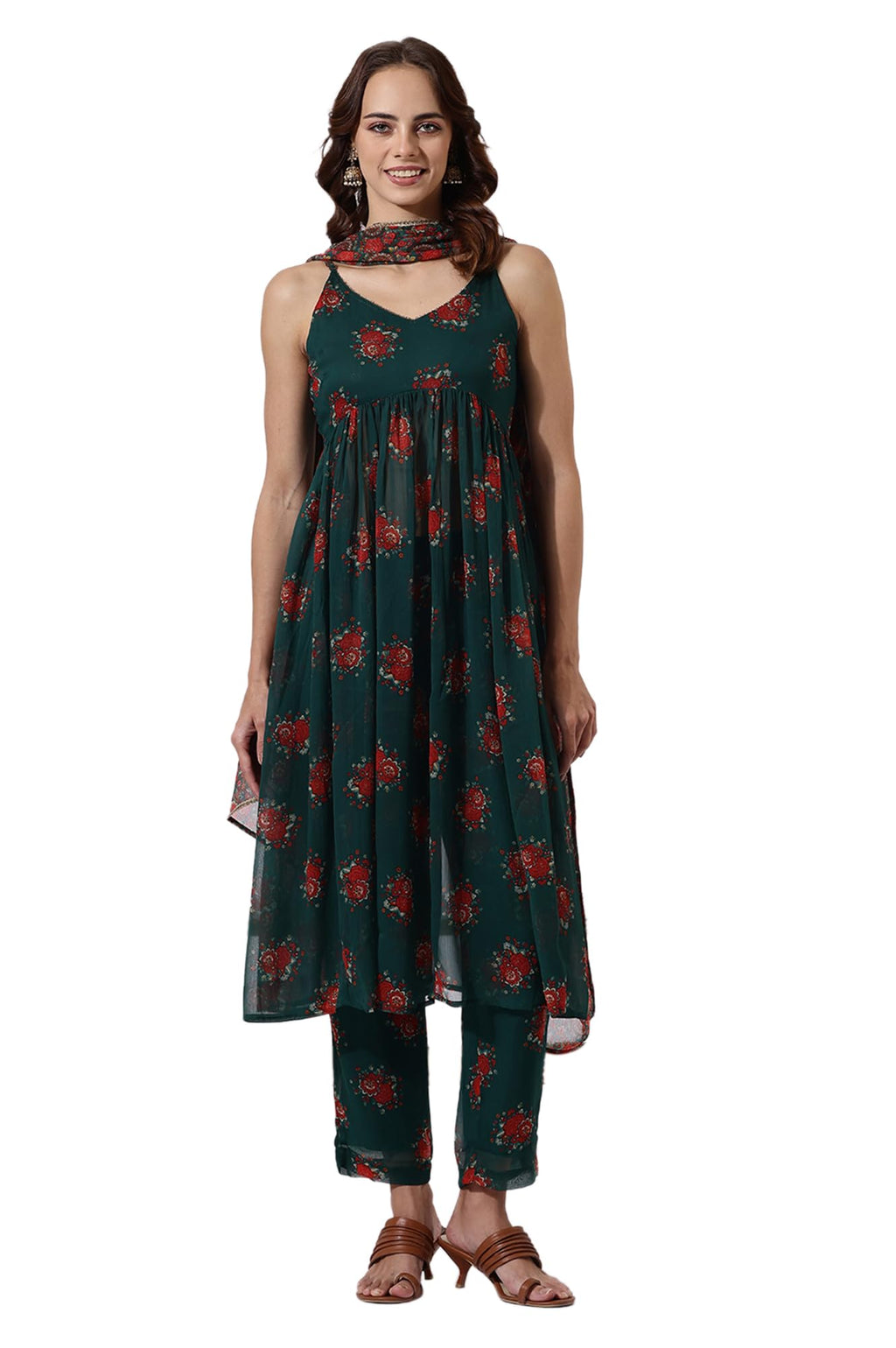 W Green Floral Printed A-Line Kurta, Straight Pant & Dupatta For Women (Size: M)-24Auws12586-125012