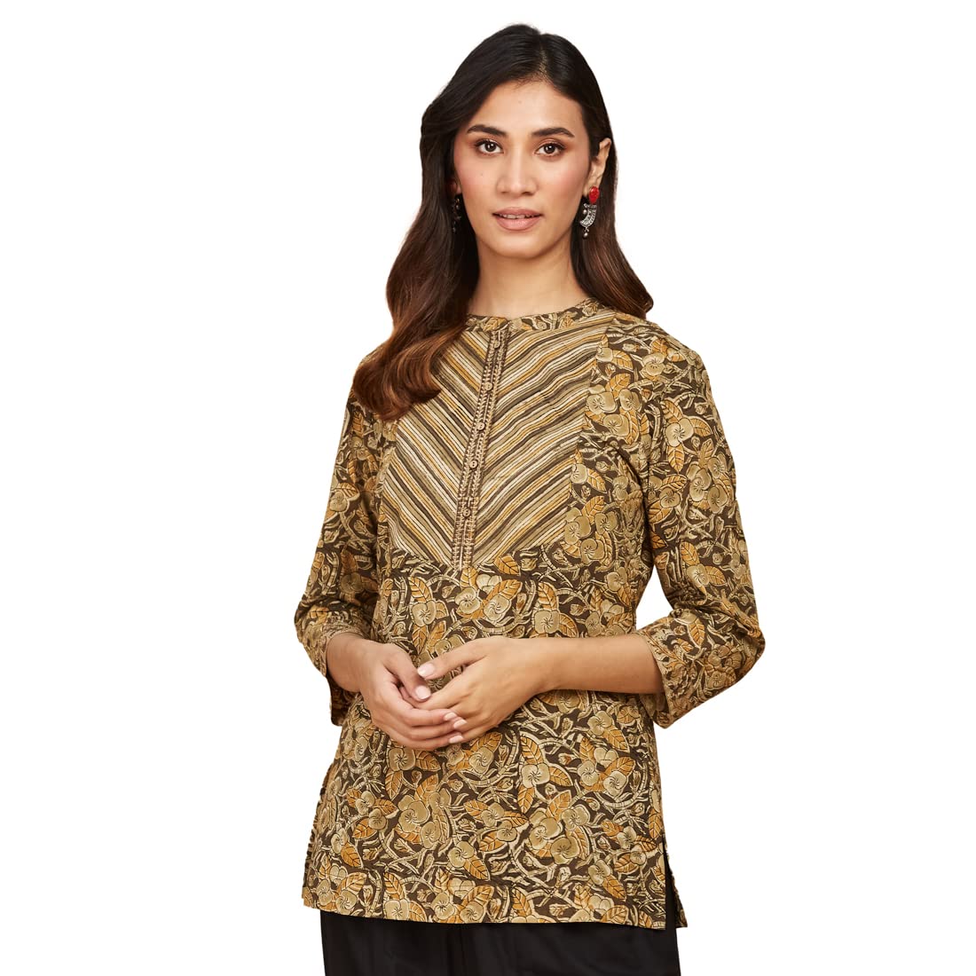 Fabindia Women'S Cotton Tropical Print Slim Kurta Short (1031073Green_Green