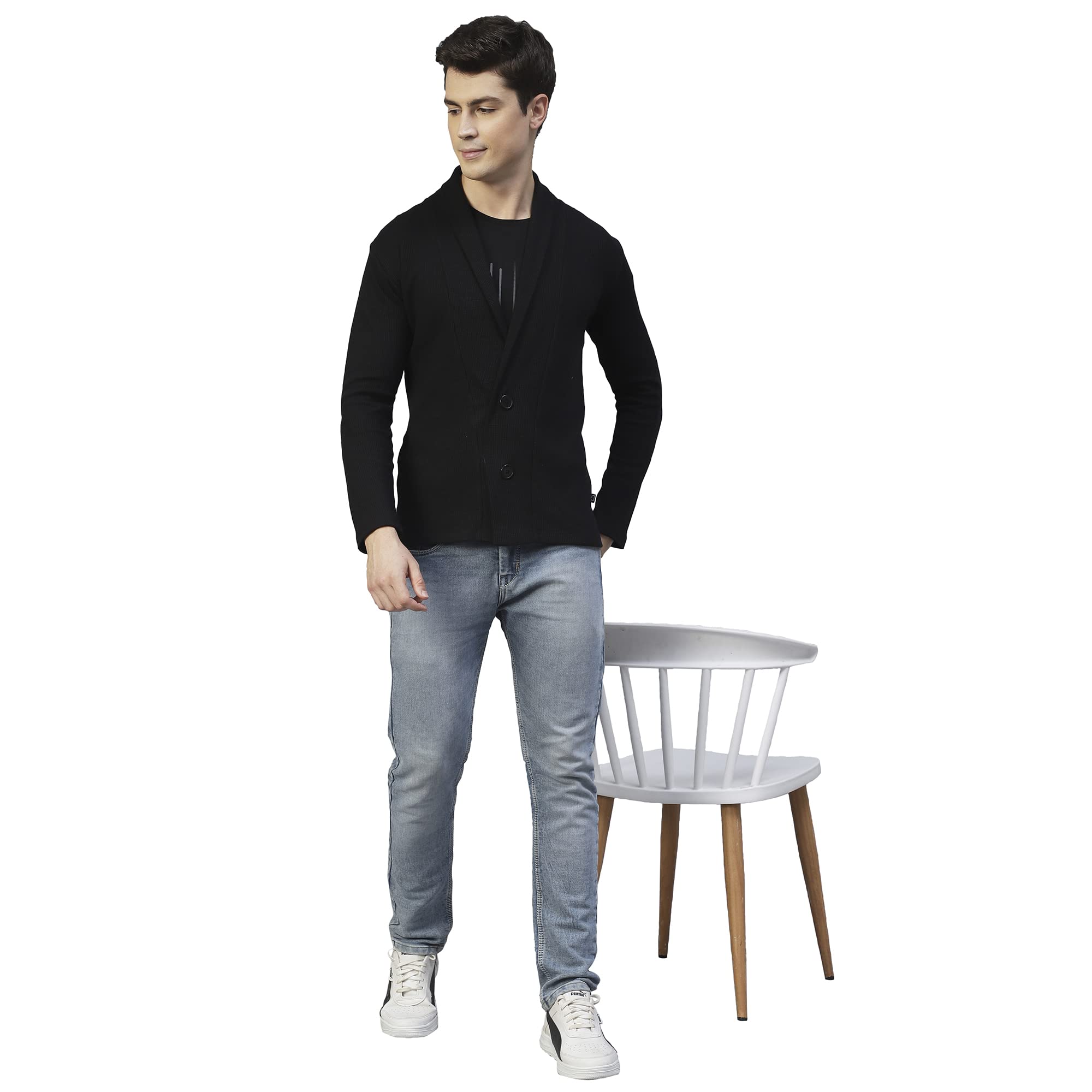 Rigo Waffle Knit Shrug for Men | Full Sleeve, Shawl Collar Cardigan for Men | Best for Casual Wear, Fashion Wear Cardigan Black