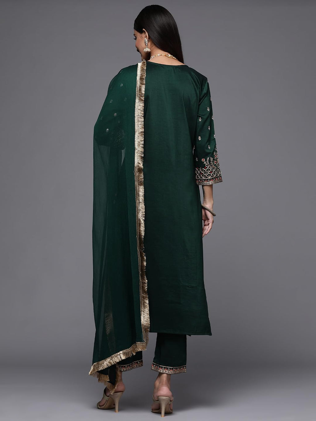 Varanga Green Embroidered Kurta Paired With Tonal Bottom And Dupatta