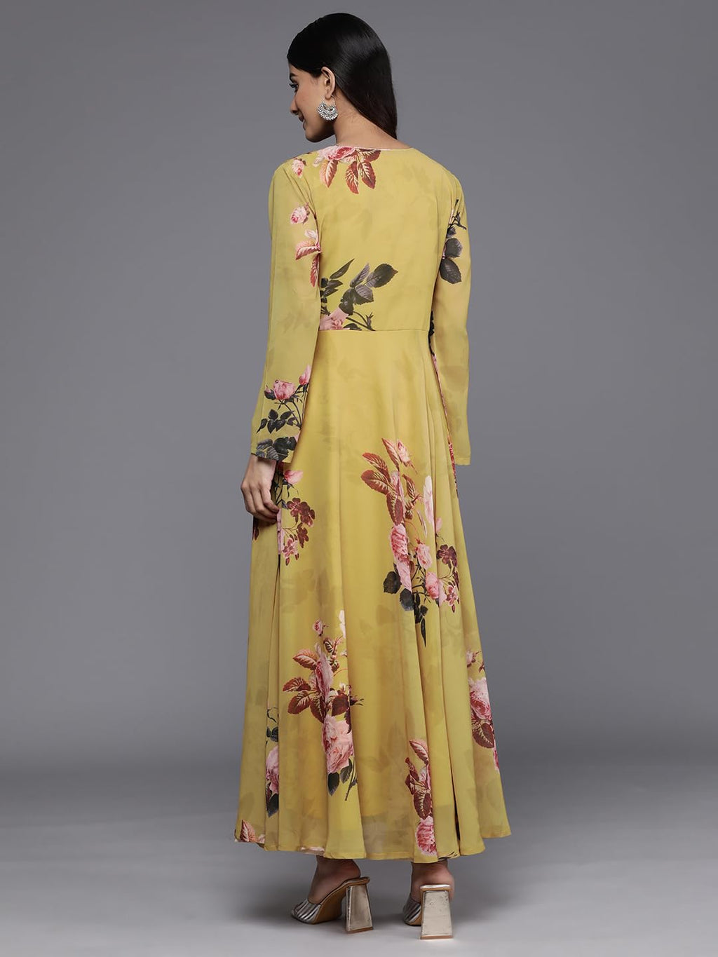 Varanga Women Mustard Floral Printed V-Neck Angrakha Style A-Line Kurta With Regular Full Sleeves