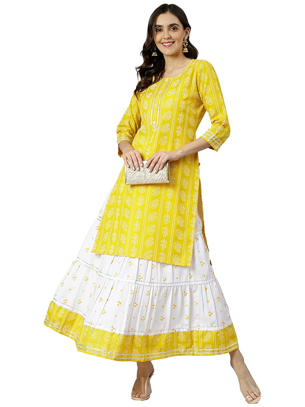 Gosriki Women'S Cotton Blend Straight Printed Kurta With Skirt (Mausam Yellow_New_Xl-Go_Yellow_X-Large)