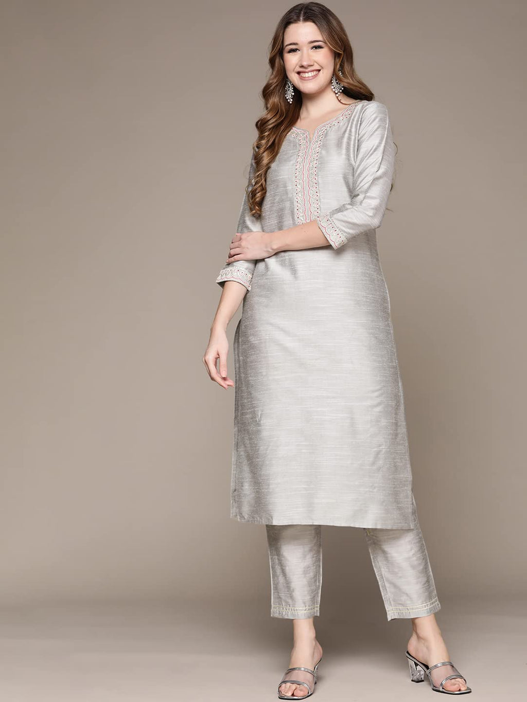 Anubhutee WomenS Cotton Grey Ethnic Motifs Zari Work Embroidered Straight Kurta Suit Set With Trousers
