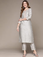 Anubhutee WomenS Cotton Grey Ethnic Motifs Zari Work Embroidered Straight Kurta Suit Set With Trousers