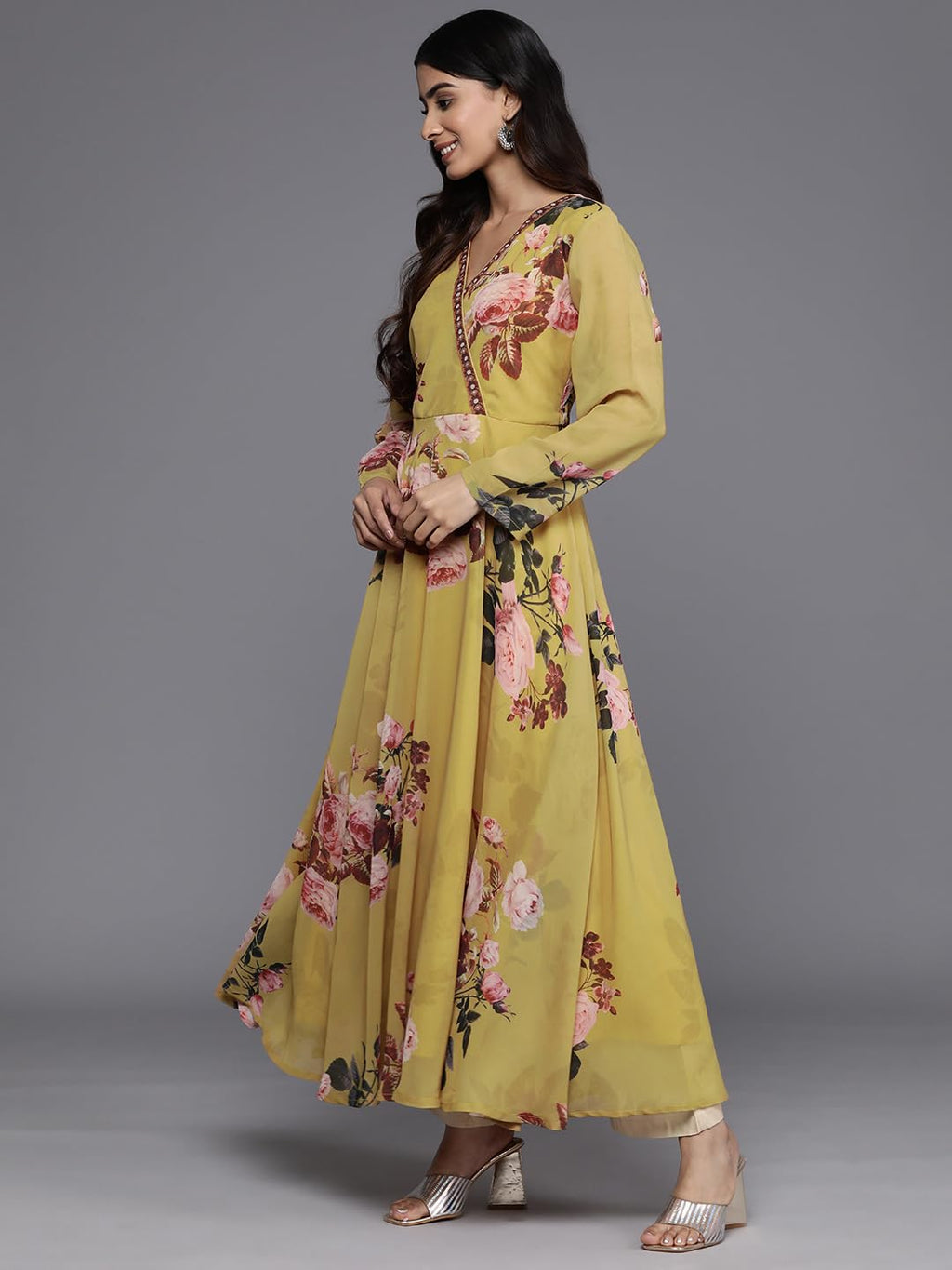 Varanga Women Mustard Floral Printed V-Neck Angrakha Style A-Line Kurta With Regular Full Sleeves