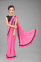 Dhyey Fashion Girls Lycra Blend Ruffle Pattern Saree With Velvet Unstitched Blouse Piece