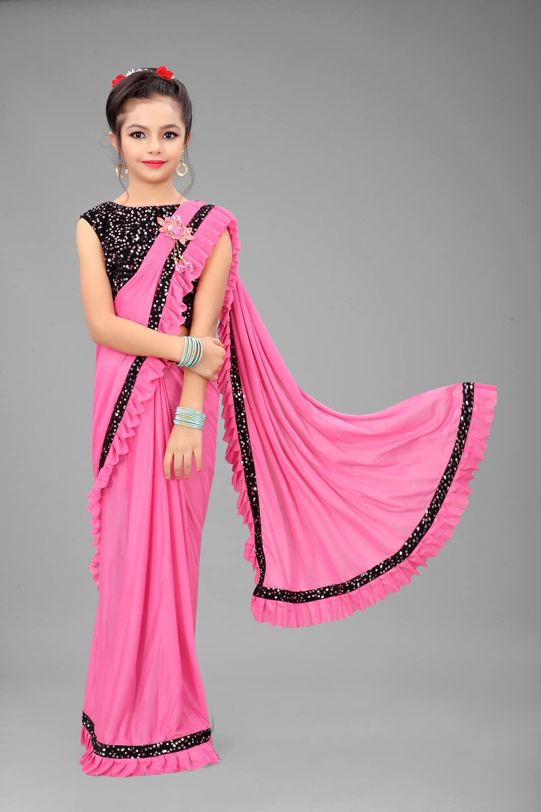 Dhyey Fashion Girls Lycra Blend Ruffle Pattern Saree With Velvet Unstitched Blouse Piece