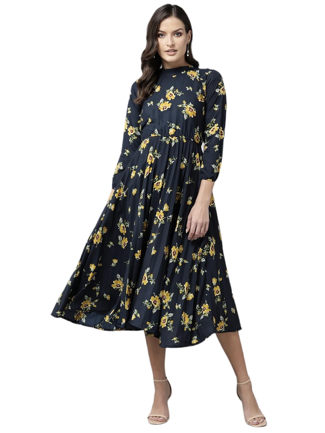 Aarika Womens Navy Blue Colour Polycrepe Floral Print Middi (MD-W-079-NAVY-BLUE-S)