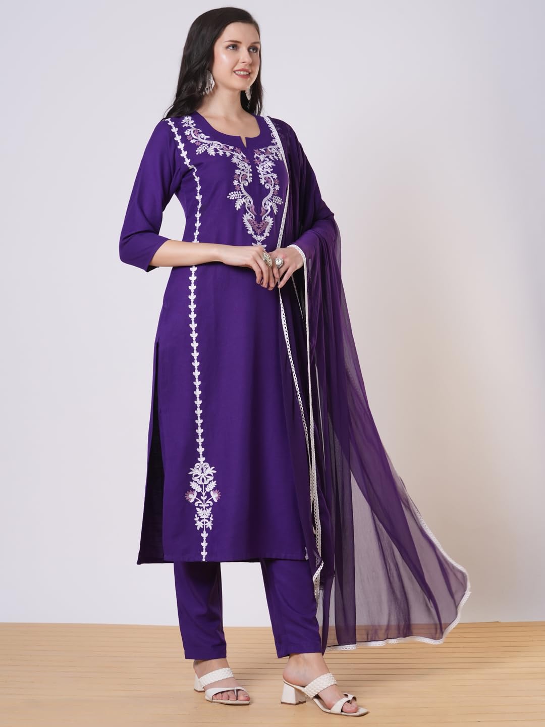 ANNI DESIGNER Women s viscose rayon embroidered straight Kurta with trousers and dupatta, Begani, XL
