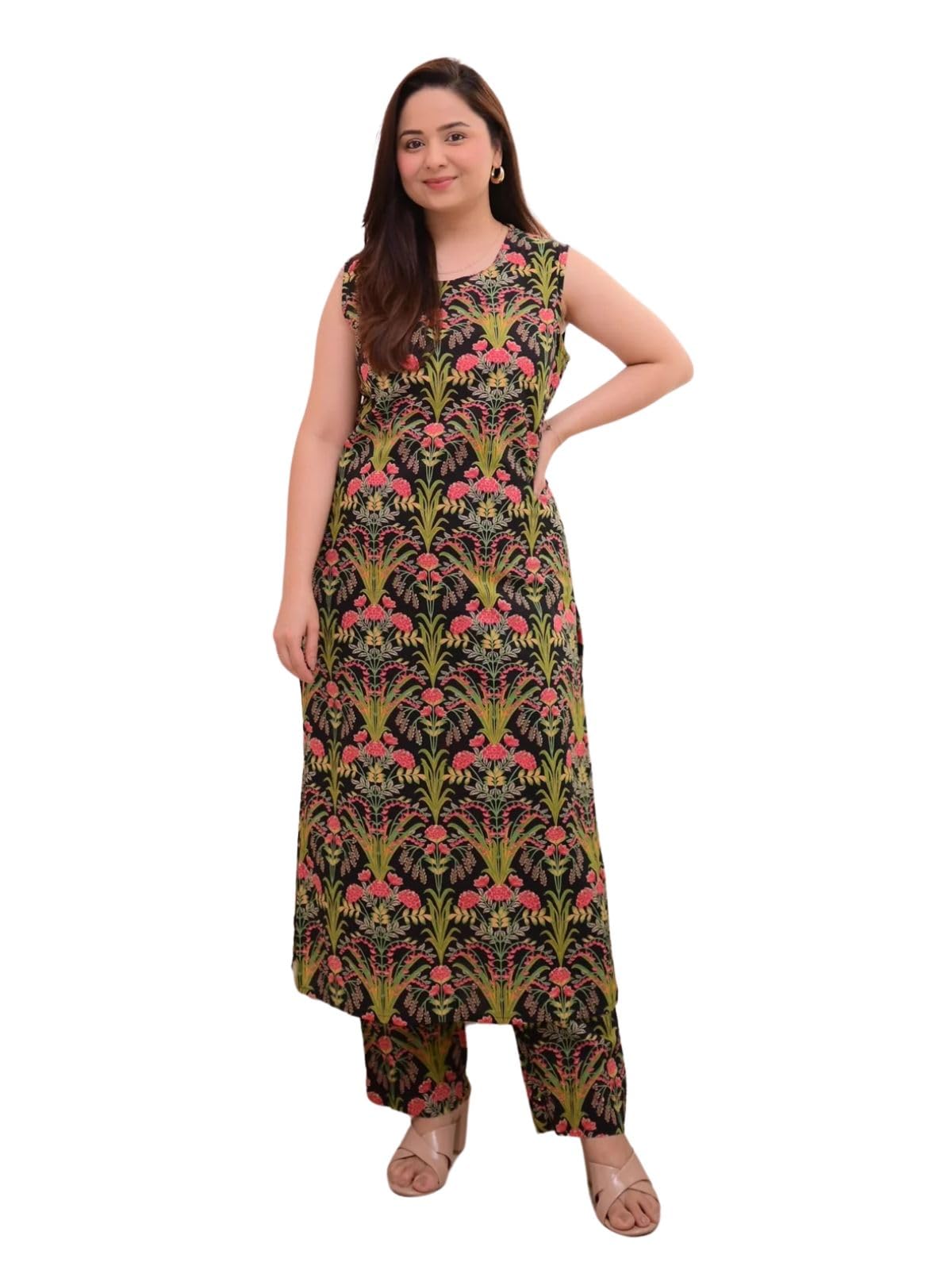 Leriya Fashion WomenS Floral Printed Sleeveless Kurta Set With Pant | Stylish Long Kurti & Trouser Set For Office & Casual Use 