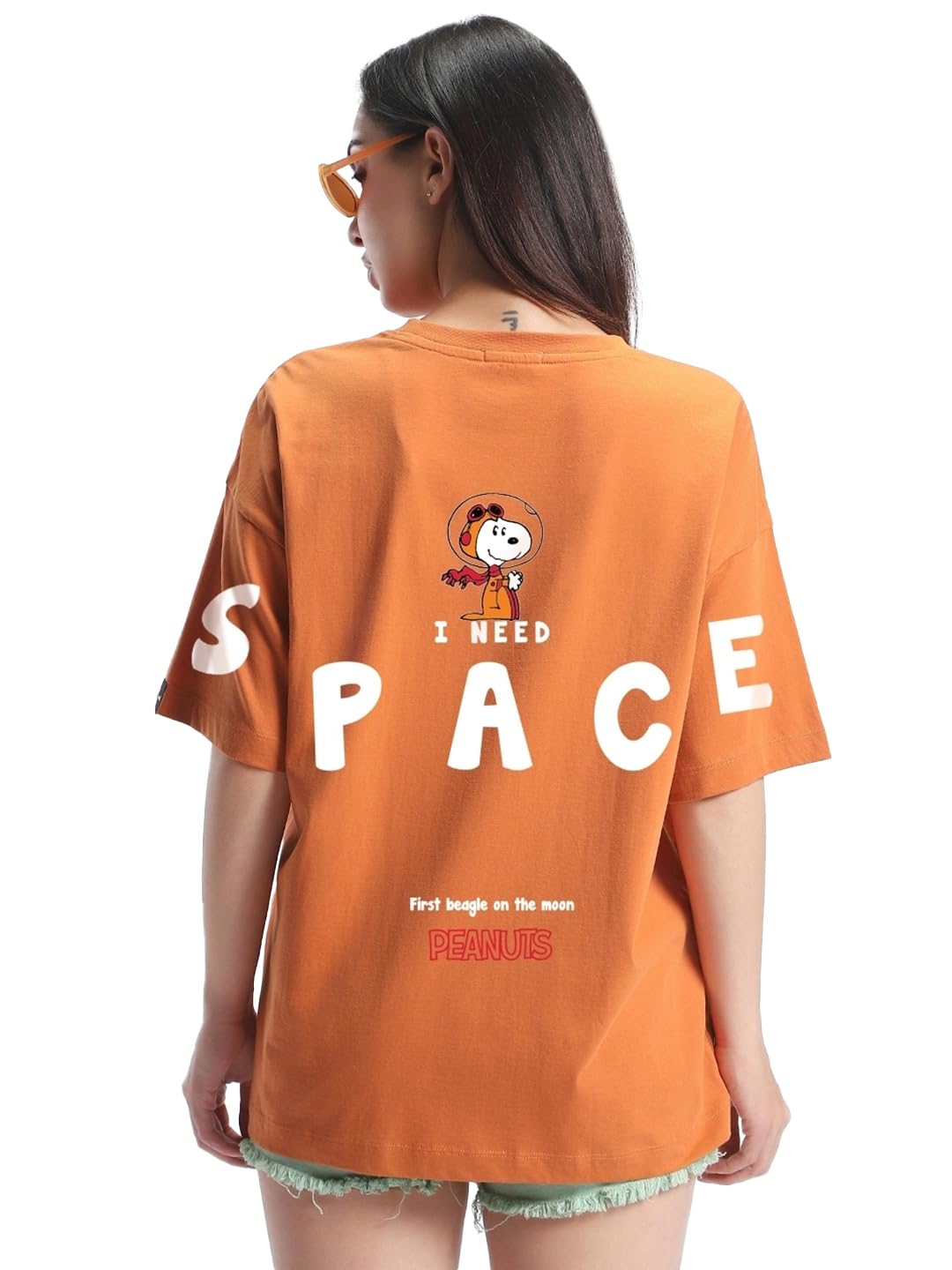 Bewakoof Official Peanuts Merchandise Womens Graphic Print Oversized Fit Half Sleeve Round Neck Cotton T-Shirt_630653_Orange_3X