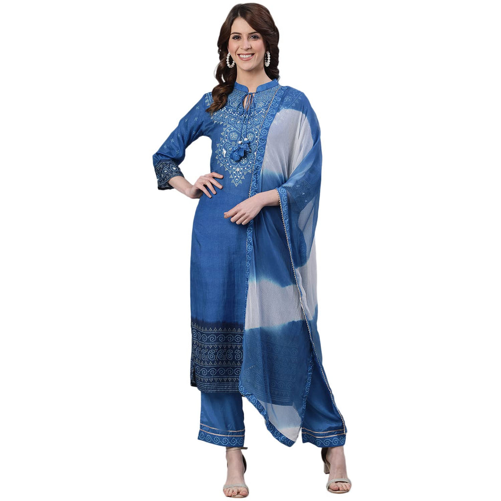 Ishin Women'S Silk Blend Blue Embroidered & Beads And Stones Work A-Line Kurta Suit Set With Dupatta & Pant Kpldrn-10041_Xxl_Blu