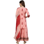 Ishin Women'S Peach Embroidered A-Line Short Kurta Set With Sharara And Dupatta