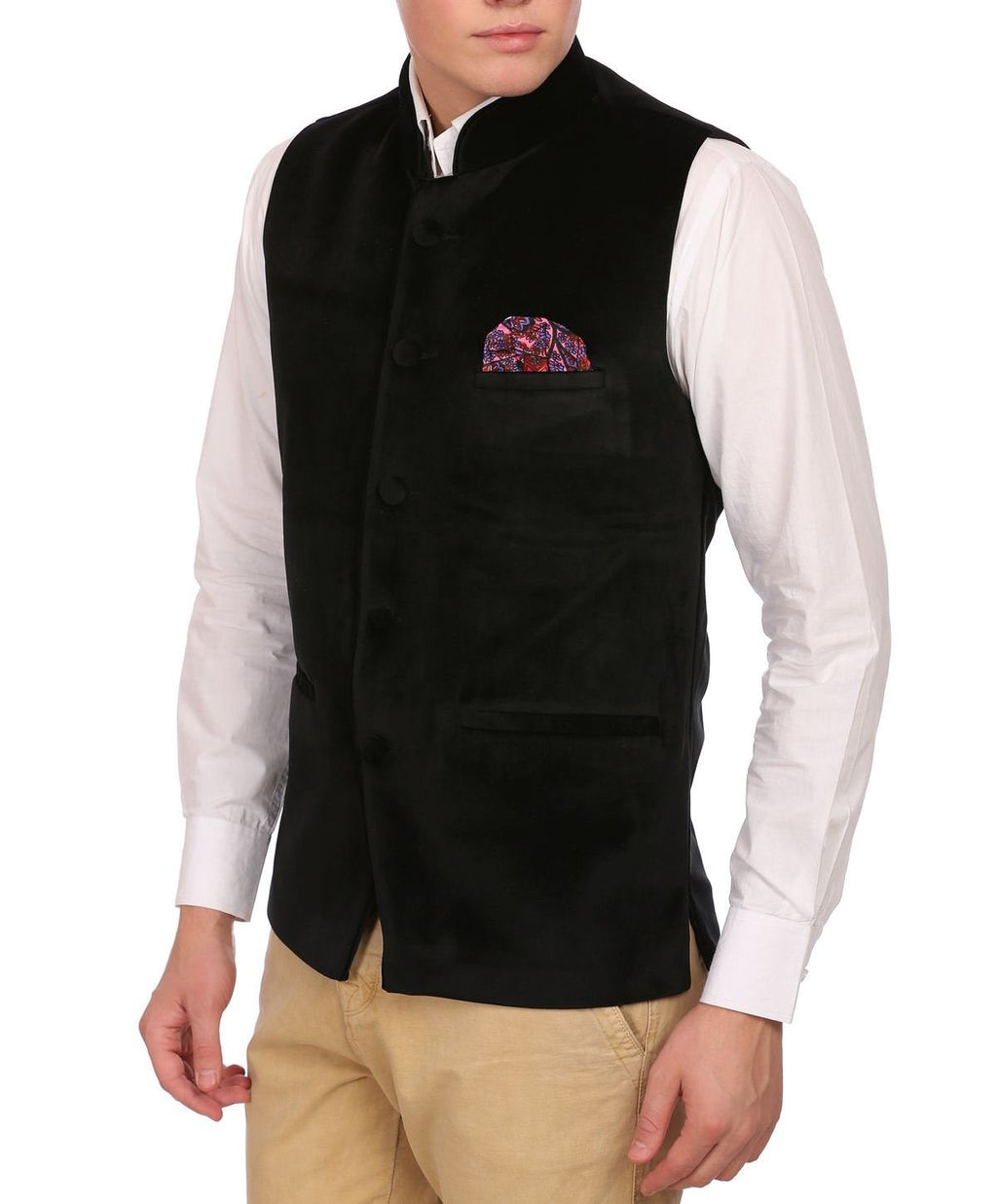 Wintage Men'S Velvet Grandad Collar Festive Black Nehru Jacket Vest Waistcoat